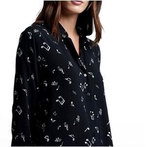 L’agence Music Note Musical Blouse Button Down Long Sleeve Black White Size S